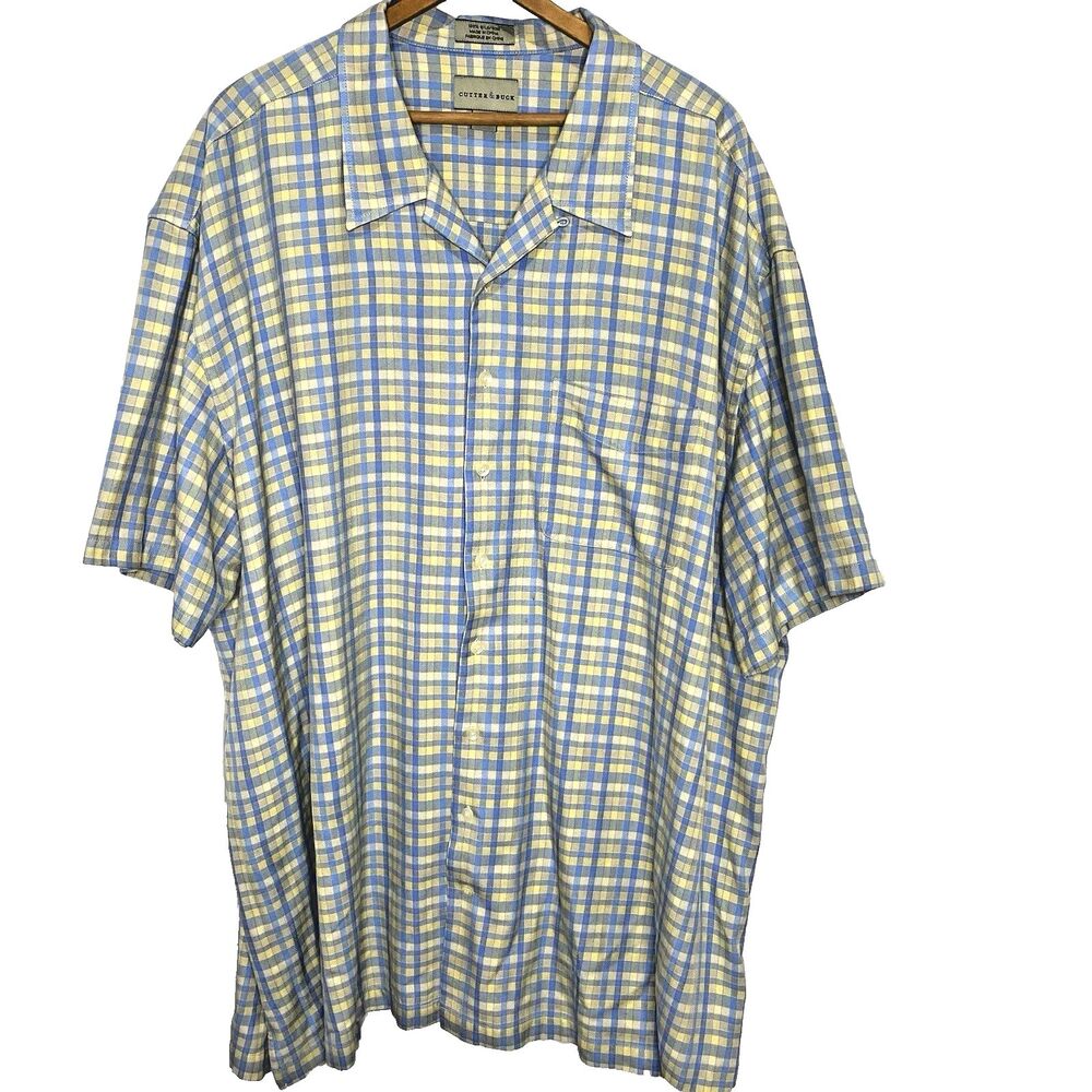 Cutter & Buck Silk Plaid Button Front Shirt Short Sleeve Mens 3XT Tall Blue